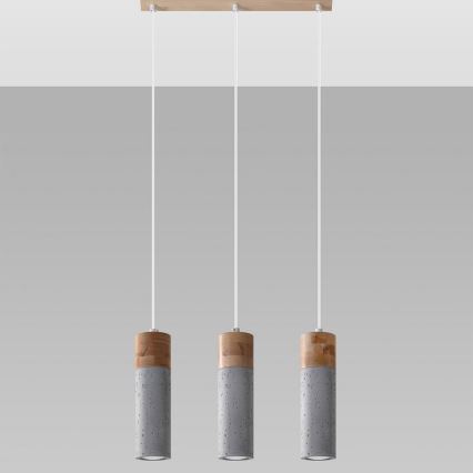 Ljuskrona med textilsladd ZANE 3xGU10/40W/230V betong/Björk/bok