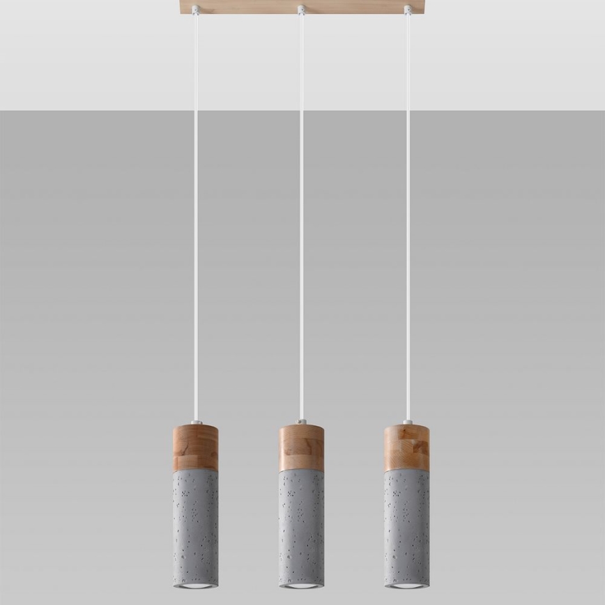 Ljuskrona med textilsladd ZANE 3xGU10/40W/230V betong/Björk/bok