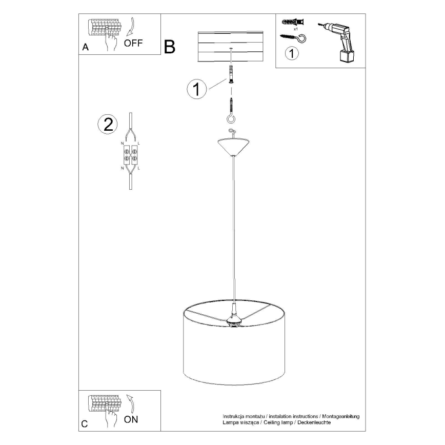 Ljuskrona med textilsladd NOVA 1xE27/15W/230V diameter 40 cm svart