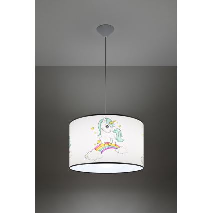 Hängande ljuskrona med textilsladd för barn UNICORN 1xE27/15W/230V diameter 40 cm enhörning
