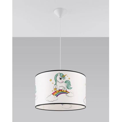 Hängande ljuskrona med textilsladd för barn UNICORN 1xE27/15W/230V diameter 40 cm enhörning