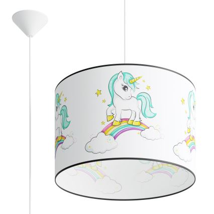Hängande ljuskrona med textilsladd för barn UNICORN 1xE27/15W/230V diameter 40 cm enhörning