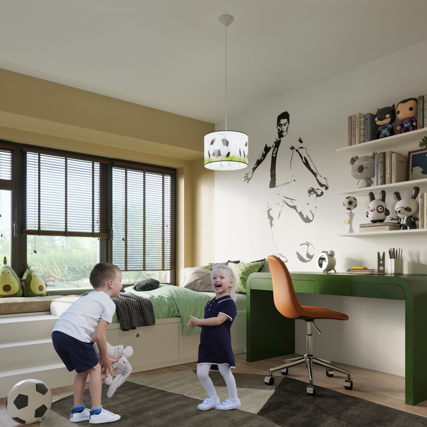 Hängande ljuskrona med textilsladd för barn FOOTBALL 1xE27/15W/230V diameter 30 cm fotboll