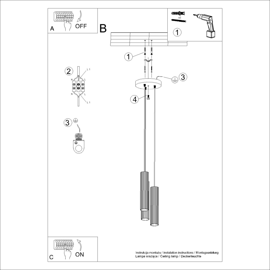 Ljuskrona med textilsladd KARBON 3xGU10/10W/230V svart