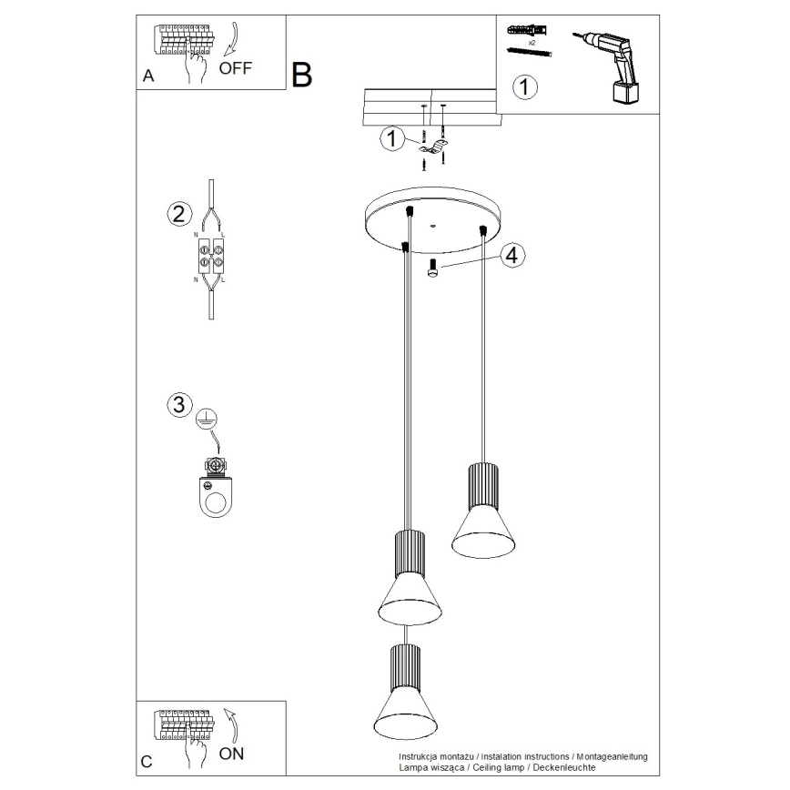 Pendellampa med kabel ESTRIA 3xE14/10W/230V Ø 30 cm krämfärgad