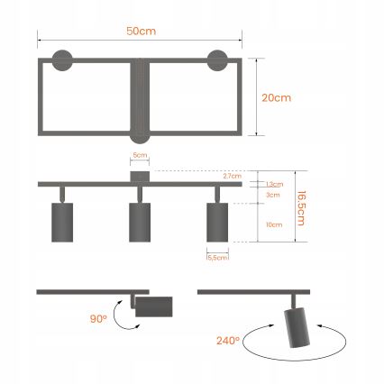 Spotarmatur 3x GU10, 30W, 230V, vit