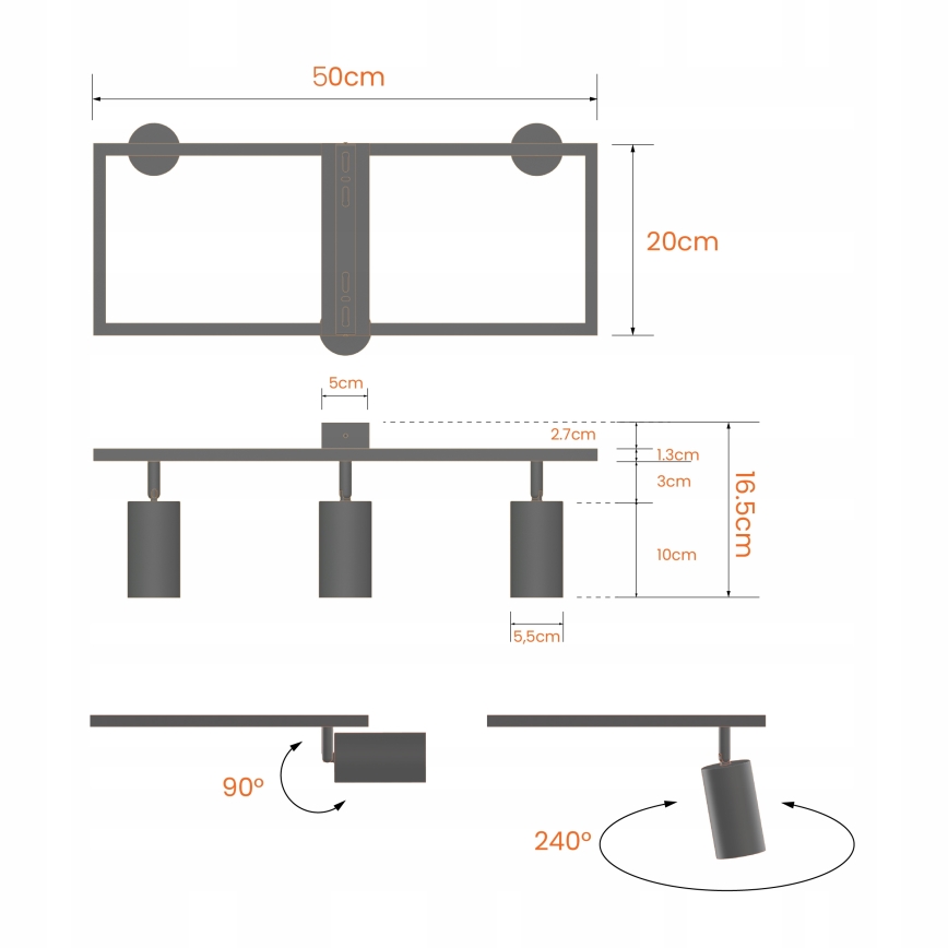 Spotarmatur 3x GU10, 30W, 230V, vit