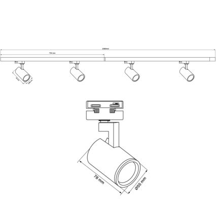 Spotlight för skensystem LYNX 4xGU10/10W/230V + 2 x 75 cm skensystem vit