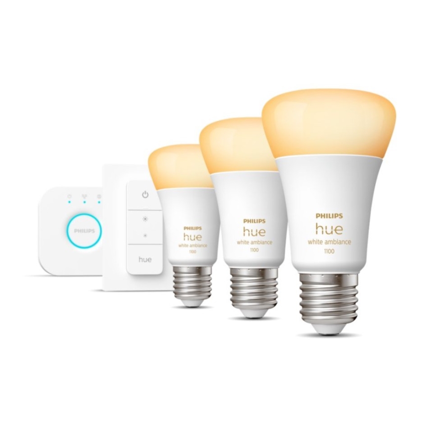 Startpaket Philips Hue White Ambiance 3xE27/11W 2200-6500K + Hue Bridge och dimmerknapp