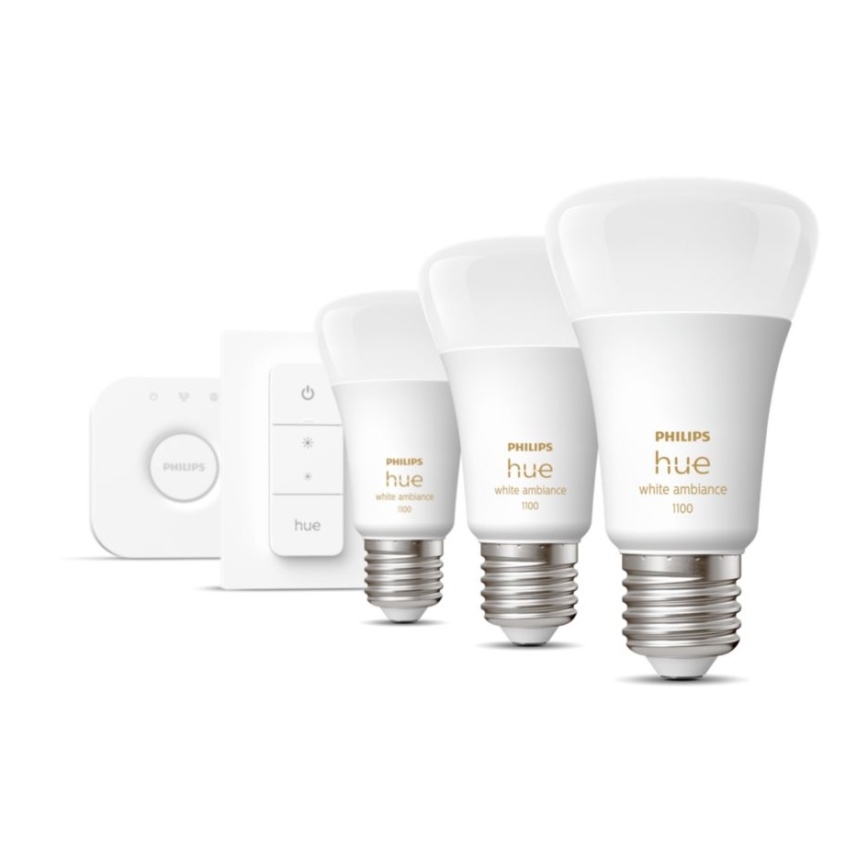 Startpaket Philips Hue White Ambiance 3xE27/11W 2200-6500K + Hue Bridge och dimmerknapp