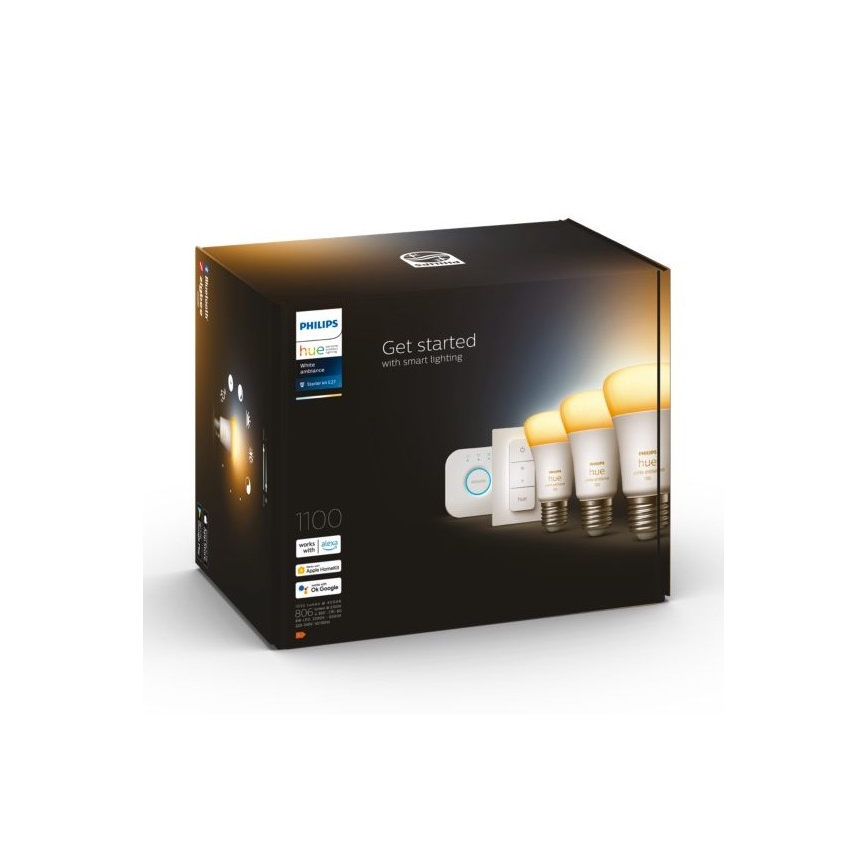 Startpaket Philips Hue White Ambiance 3xE27/11W 2200-6500K + Hue Bridge och dimmerknapp