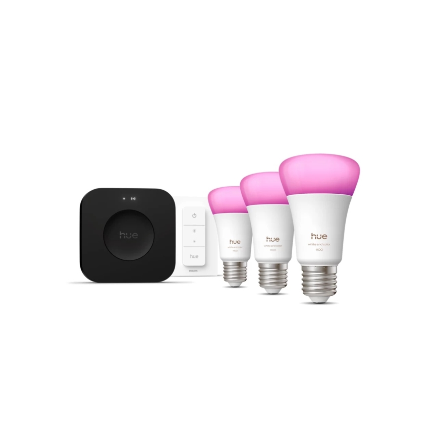 Startpaket Philips Hue WHITE AND COLOR AMBIANCE 3xE27/8,1W 1000-20000K + Hue Bridge och dimmerbrytare