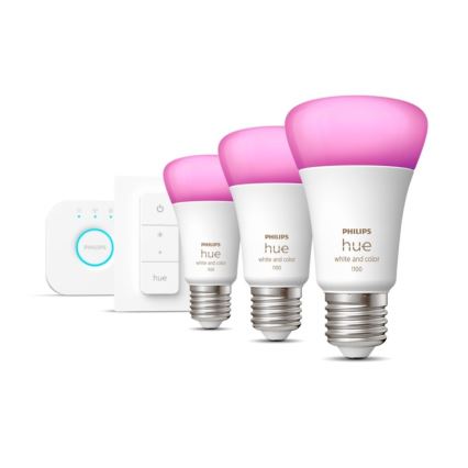 Startpaket Philips Hue WHITE AND COLOR AMBIANCE 3xE27/9W 2000-6500K + Hue Bridge och dimmerbrytare