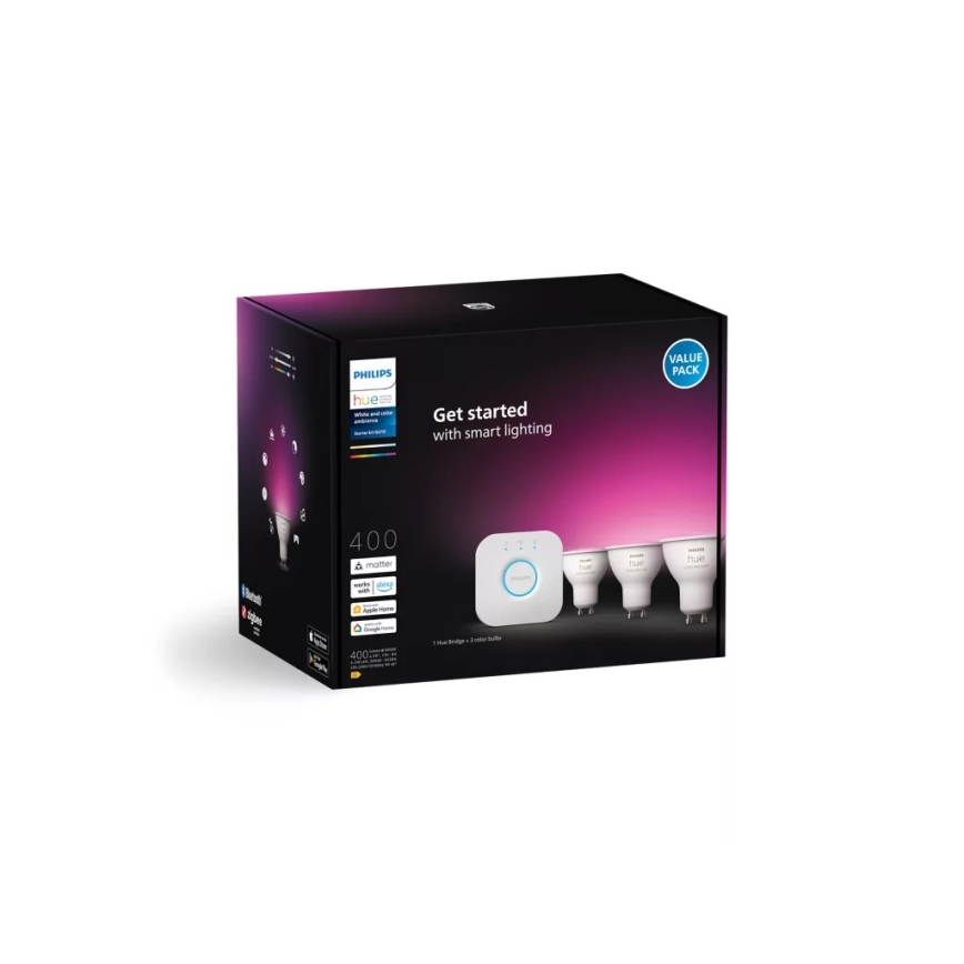 Startpaket Philips Hue WHITE AND COLOR AMBIANCE 3xGU10/4,2W/230V 2200-6500K + Hue Bridge