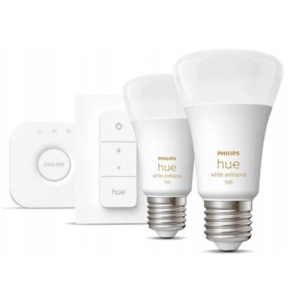 Startpaket Philips Hue WHITE AMBIANCE 2xE27/8W/230V + Hue Bridge och Dimmer Switch