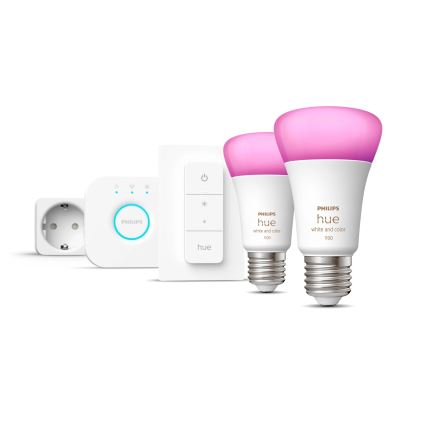 Startpaket Philips Hue WHITE AND COLOR AMBIANCE 2xE27/9W/230V 2200-6500K + smartkontakt, Hue Bridge och dimmerströmbrytare