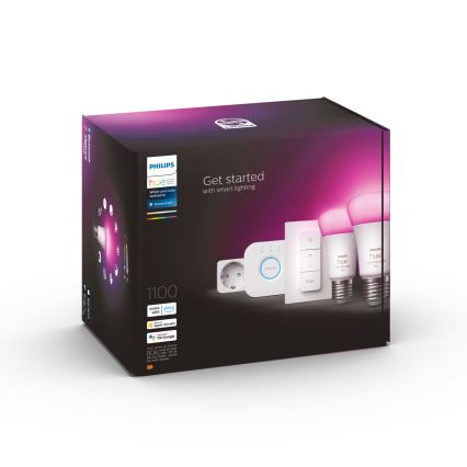 Startpaket Philips Hue WHITE AND COLOR AMBIANCE 2xE27/9W/230V 2200-6500K + smartkontakt, Hue Bridge och dimmerströmbrytare