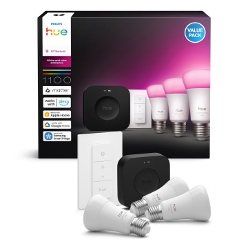 Startpaket Philips Hue WHITE AND COLOR AMBIANCE 3xE27/8,1W 1000-20000K + brygga för anslutning