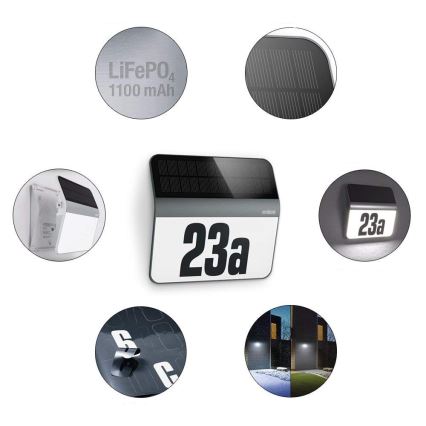 STEINEL 007140 - LED Solcellshusnummer XSolar LH-N LED/0,03W rostfritt stål IP44 2500 mAh