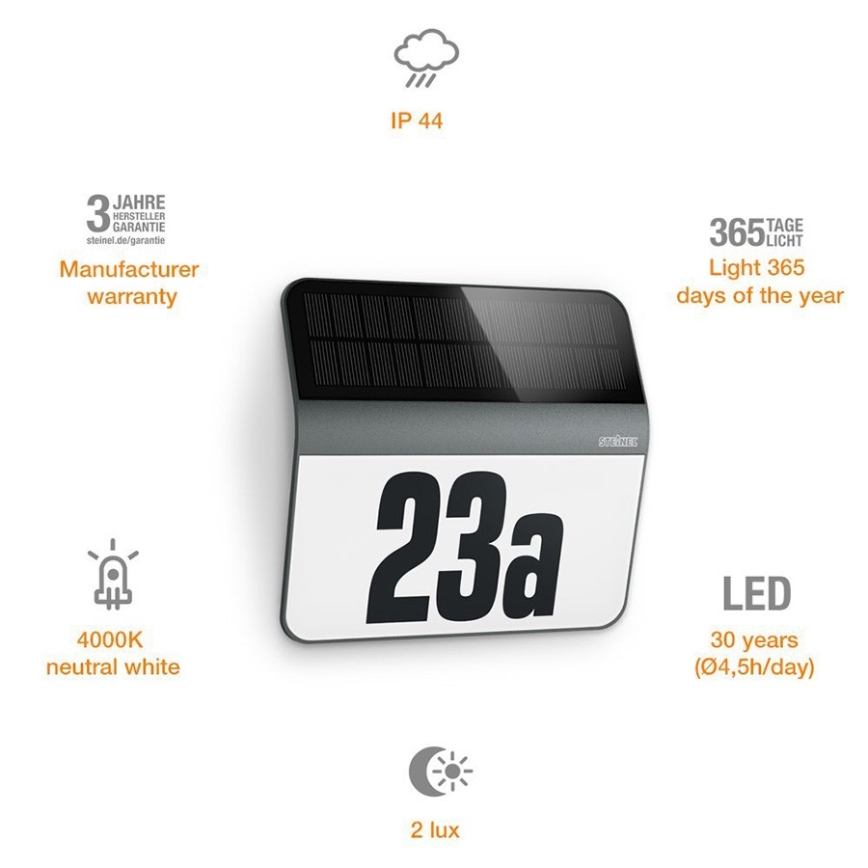 STEINEL 035730 - LED Solärt husnummer XSolar LH-N LED/0,03W IP44 2500 mAh