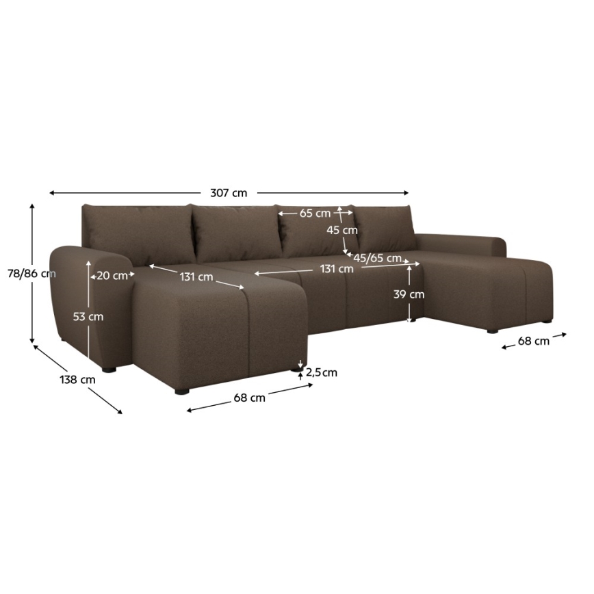 Stoppad, universell U-formad bäddsoffa NEWPORT, brun