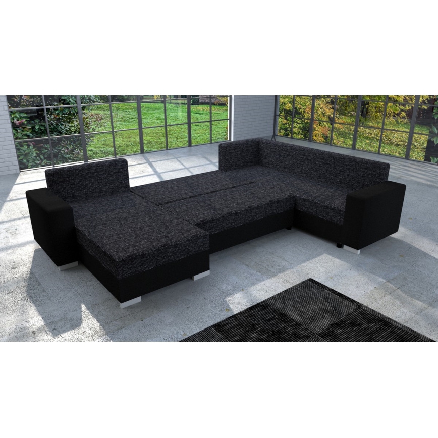 Stoppad universell U-soffa med bäddfunktion YORK svart/antracit