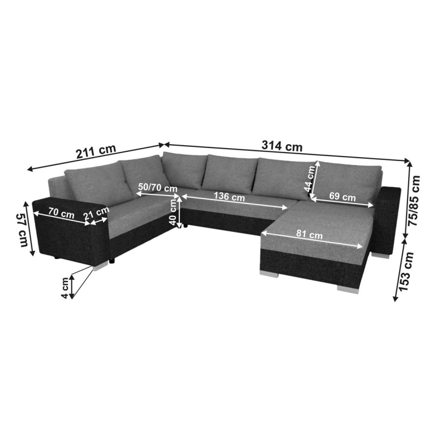 Stoppad universell U-soffa med bäddfunktion YORK svart/antracit