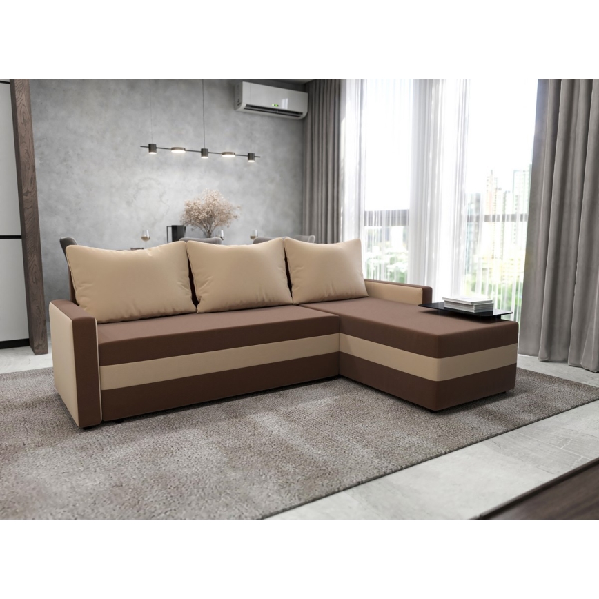 Tygklädd, universell L-formad hörnsoffa med bäddfunktion BRISTOL, brun/beige