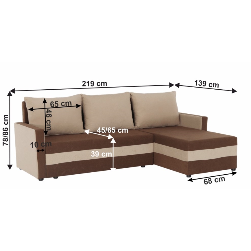 Tygklädd, universell L-formad hörnsoffa med bäddfunktion BRISTOL, brun/beige