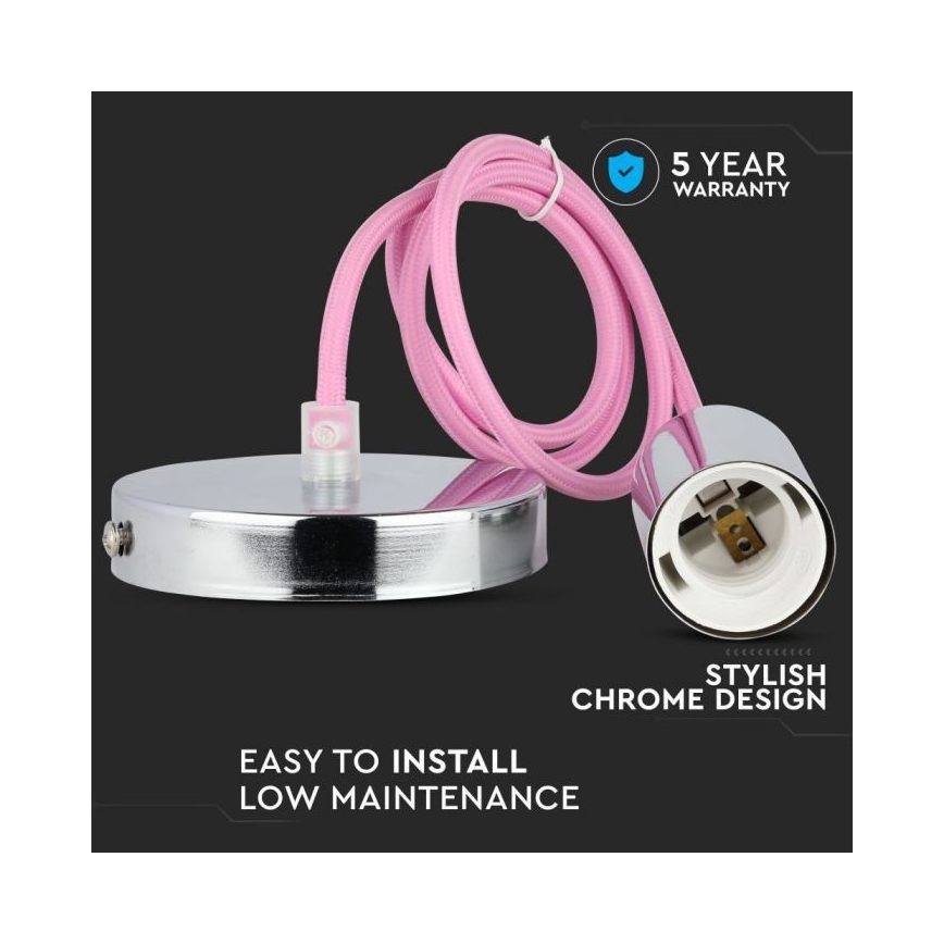 Strömkabel 1xE27/60W/230V ljusrosa/skinande krom