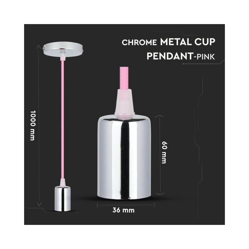 Strömkabel 1xE27/60W/230V ljusrosa/skinande krom