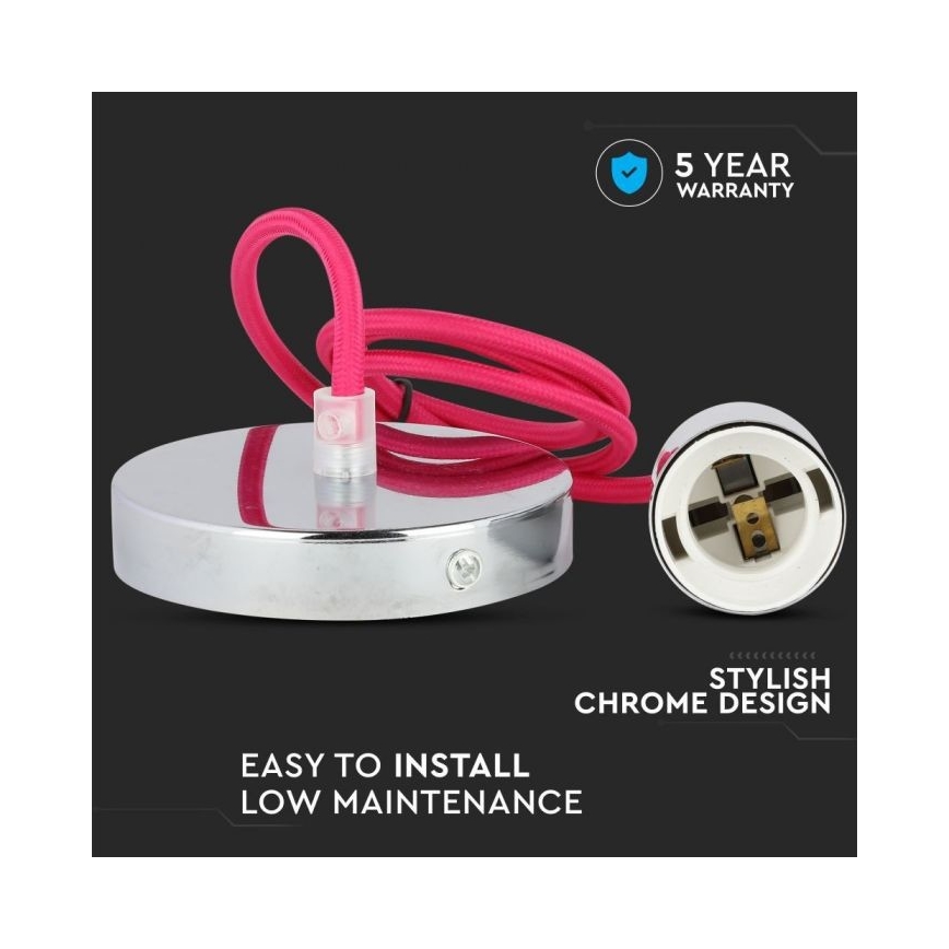 Strömkabel 1xE27/60W/230V mörkrosa/skinande krom