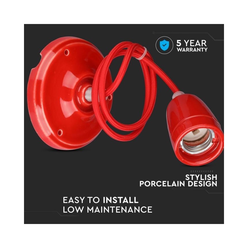 Strömkabel 1xE27/60W/230V röd/porslin