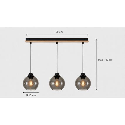 Takkkrona på ett snöre  UNO WOOD 3xE27/60W/230V svart /brun