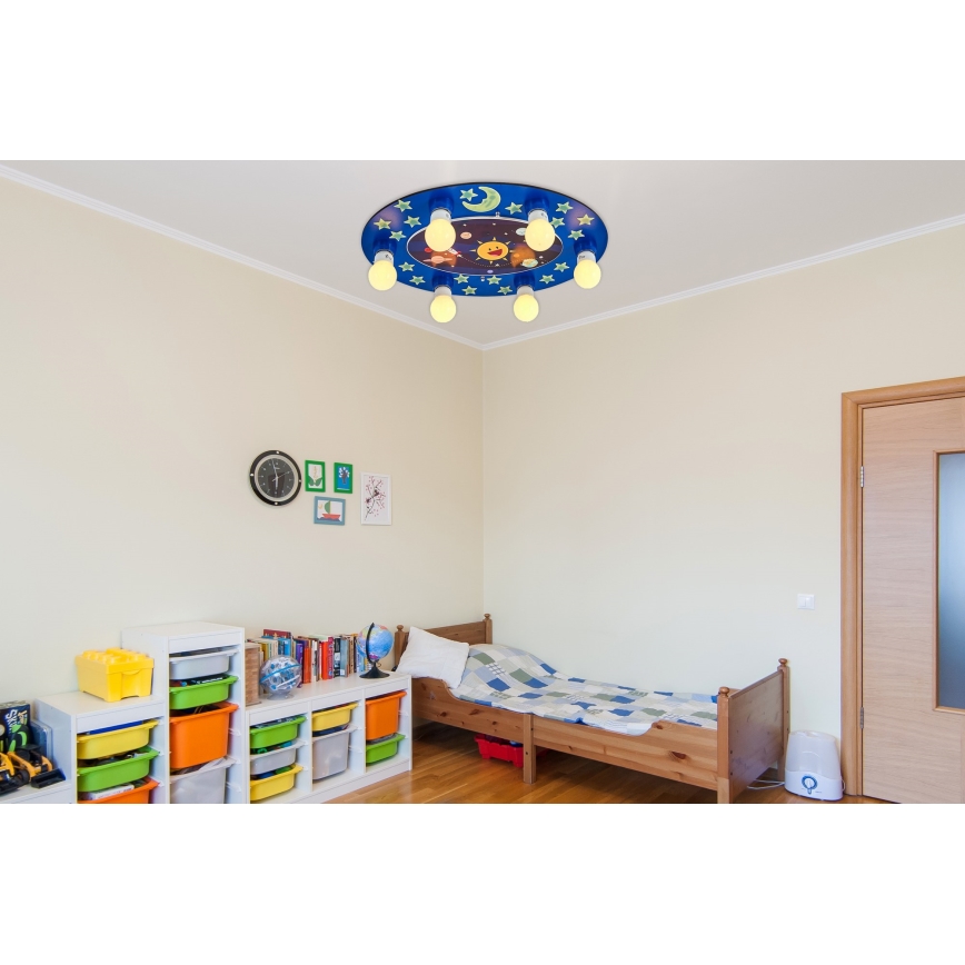 Taklampa för barn LUCCA 6xE27/24W/230V blå
