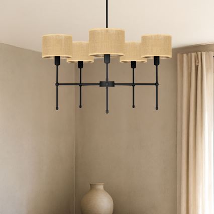 Taklampa med stång MADELA 5xE14/40W/230V jute/svart