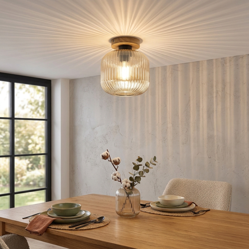 Taklampa MILOU WOOD 1xE27/15W/230V ek/rökbeige Ø 20 cm