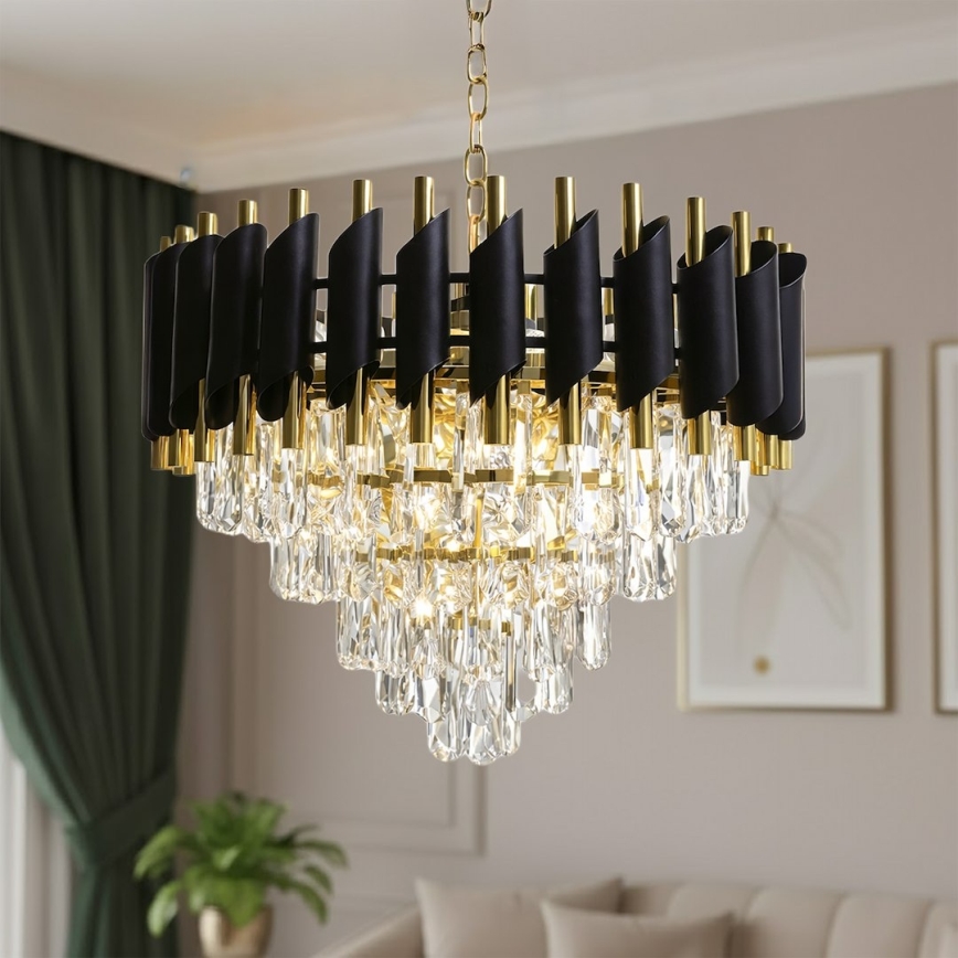 Taklampa på kedja CRISTAL 7xE14/10W/230V Ø 48 cm svart/guld