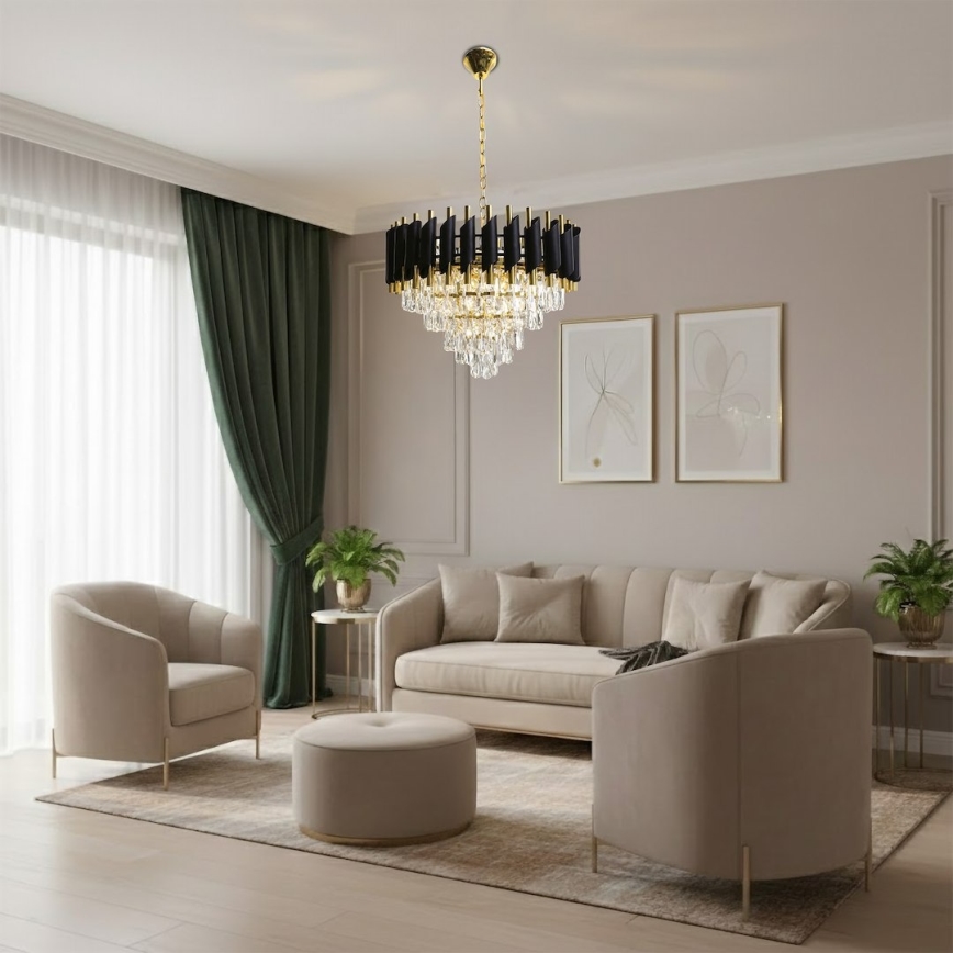 Taklampa på kedja CRISTAL 7xE14/10W/230V Ø 48 cm svart/guld