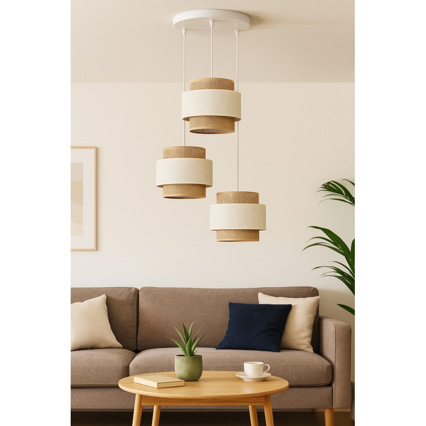 Taklampa på sladd BOHO 3xE27/60W/230V krämvit/jute