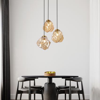 Taklampa på vajer CRISTAL 3xE14/15W/230V mässing/rökig beige