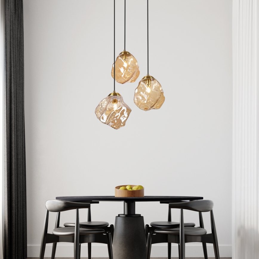Taklampa på vajer CRISTAL 3xE14/15W/230V mässing/rökig beige
