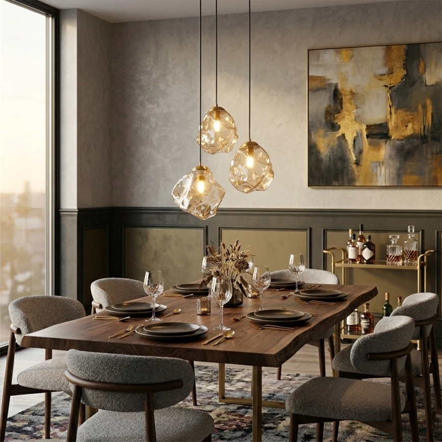 Taklampa på vajer CRISTAL 3xE14/15W/230V mässing/rökig beige