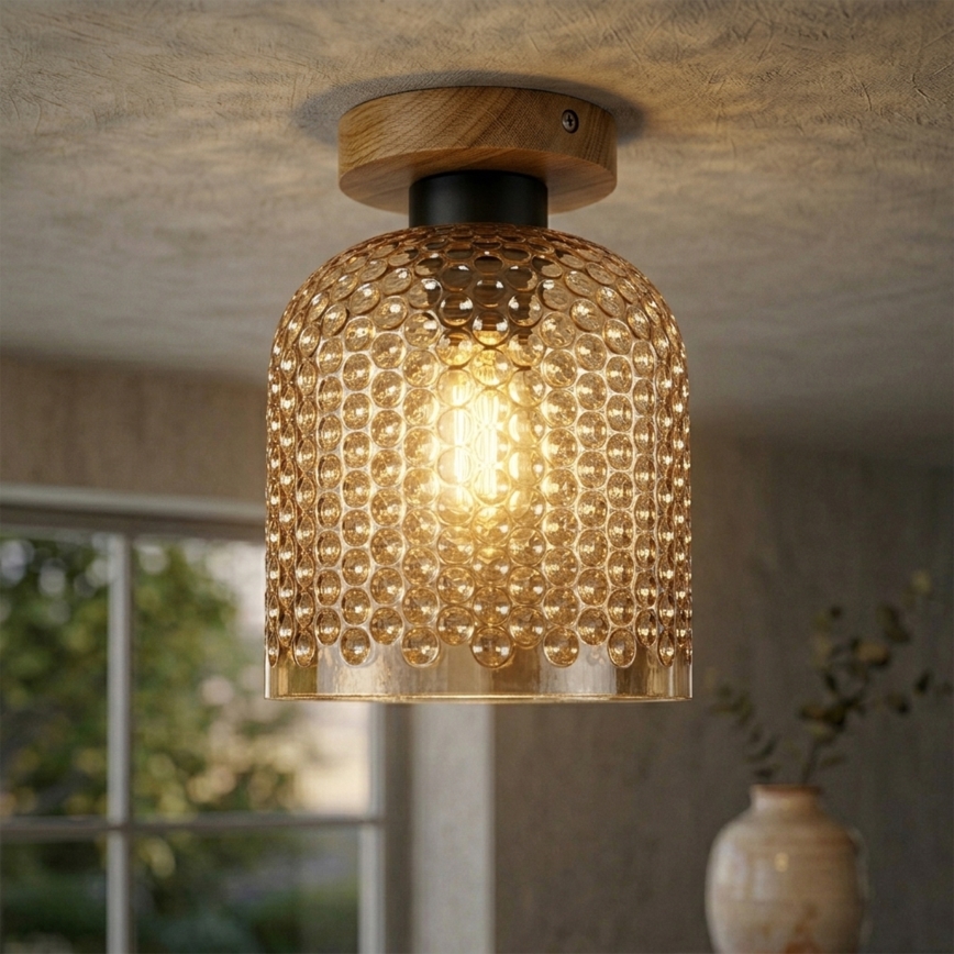 Taklampa ROCCO WOOD 1xE27/15W/230V ek/rökbeige Ø 18 cm