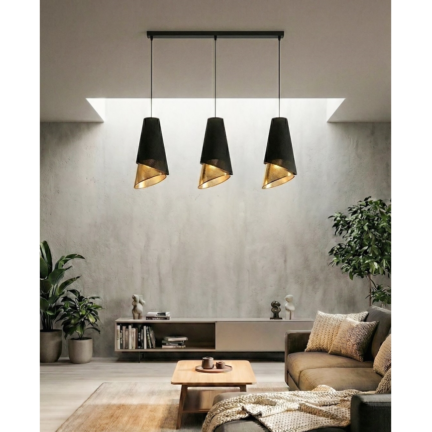 Takpendel på kabel MODA 3xE27/15W/230V svart/guld