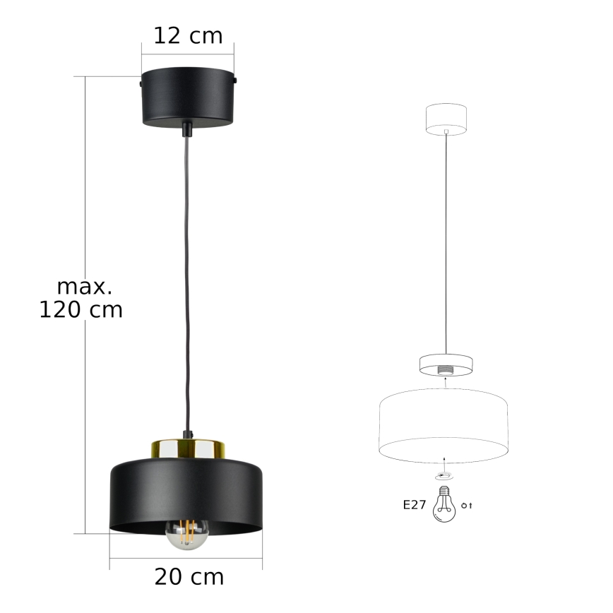 Takpendel på sladd IGNIA 1xE27/60W/230V svart/guld