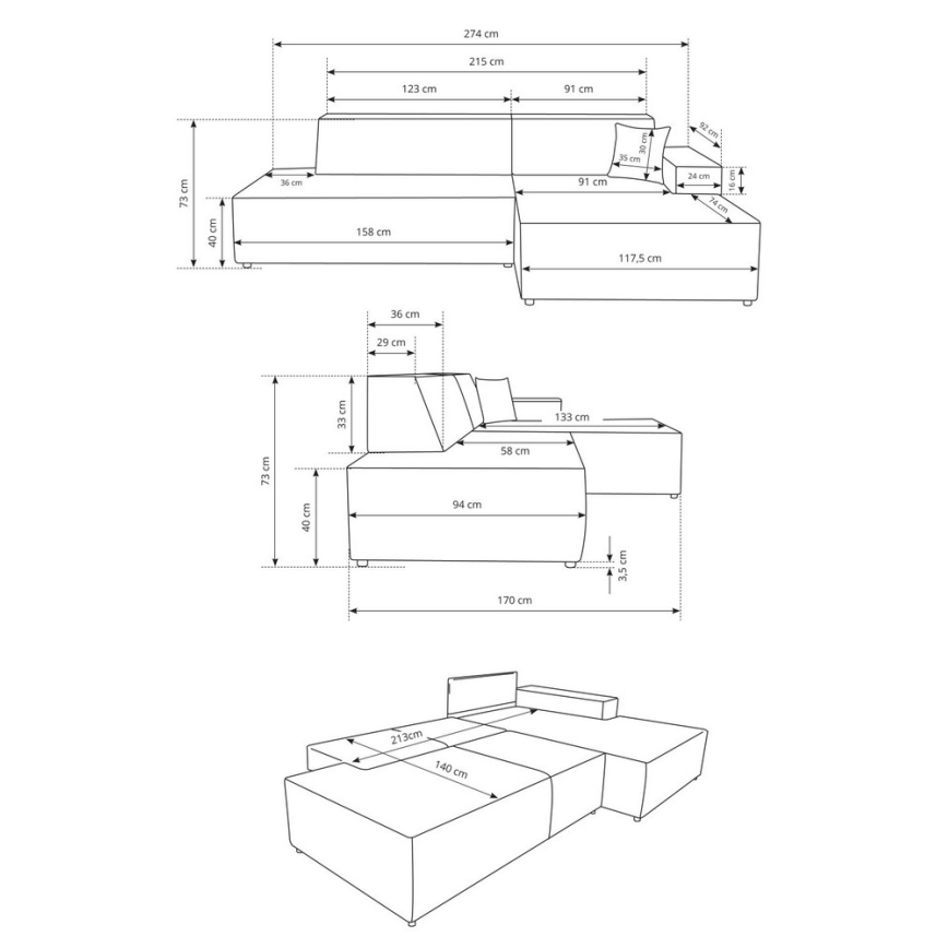 TERAMO bäddbar L-formad hörnsoffa med förvaringsutrymme, högersidig, beige