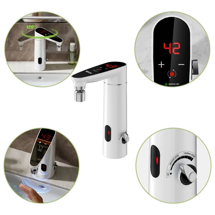 Beröringskänslig genomströmningsvattenvärmare med sensor och LED-display 3000W/230V IPX4 vit