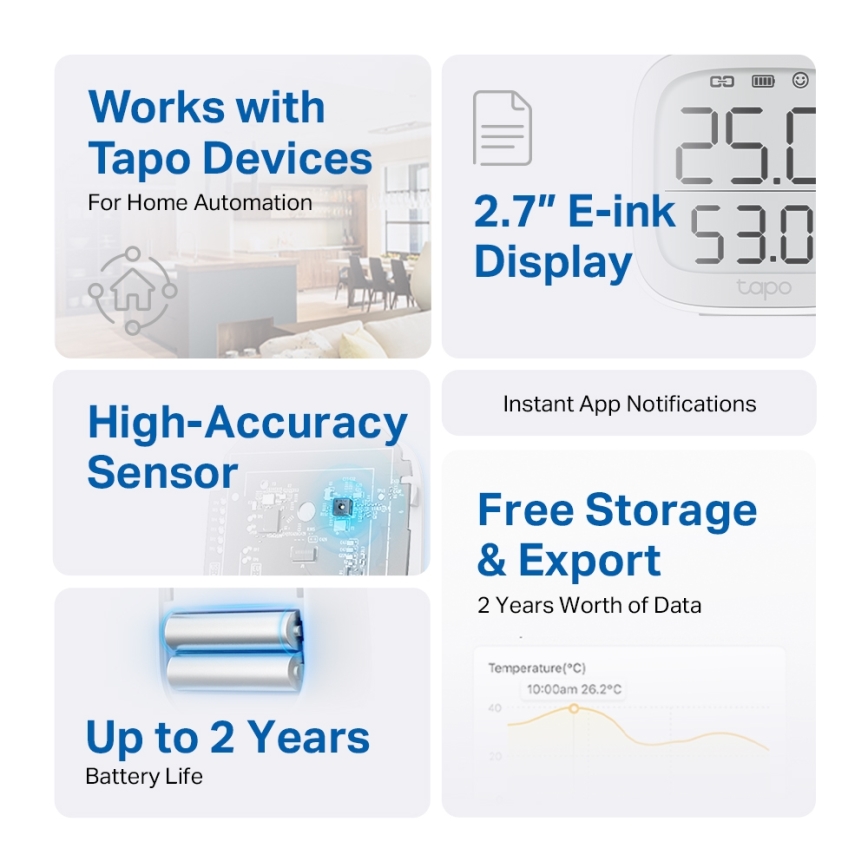 TP-Link - Smart sensor för temperatur och luftfuktighet, batteridriven (2x AAA), Wi-Fi