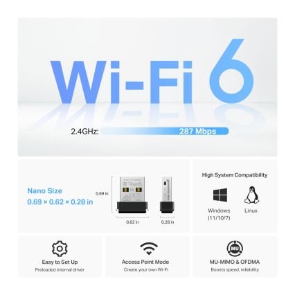 TP-Link - Trådlös Wi‑Fi 6 USB-nanoadapter Archer TX1U Nano